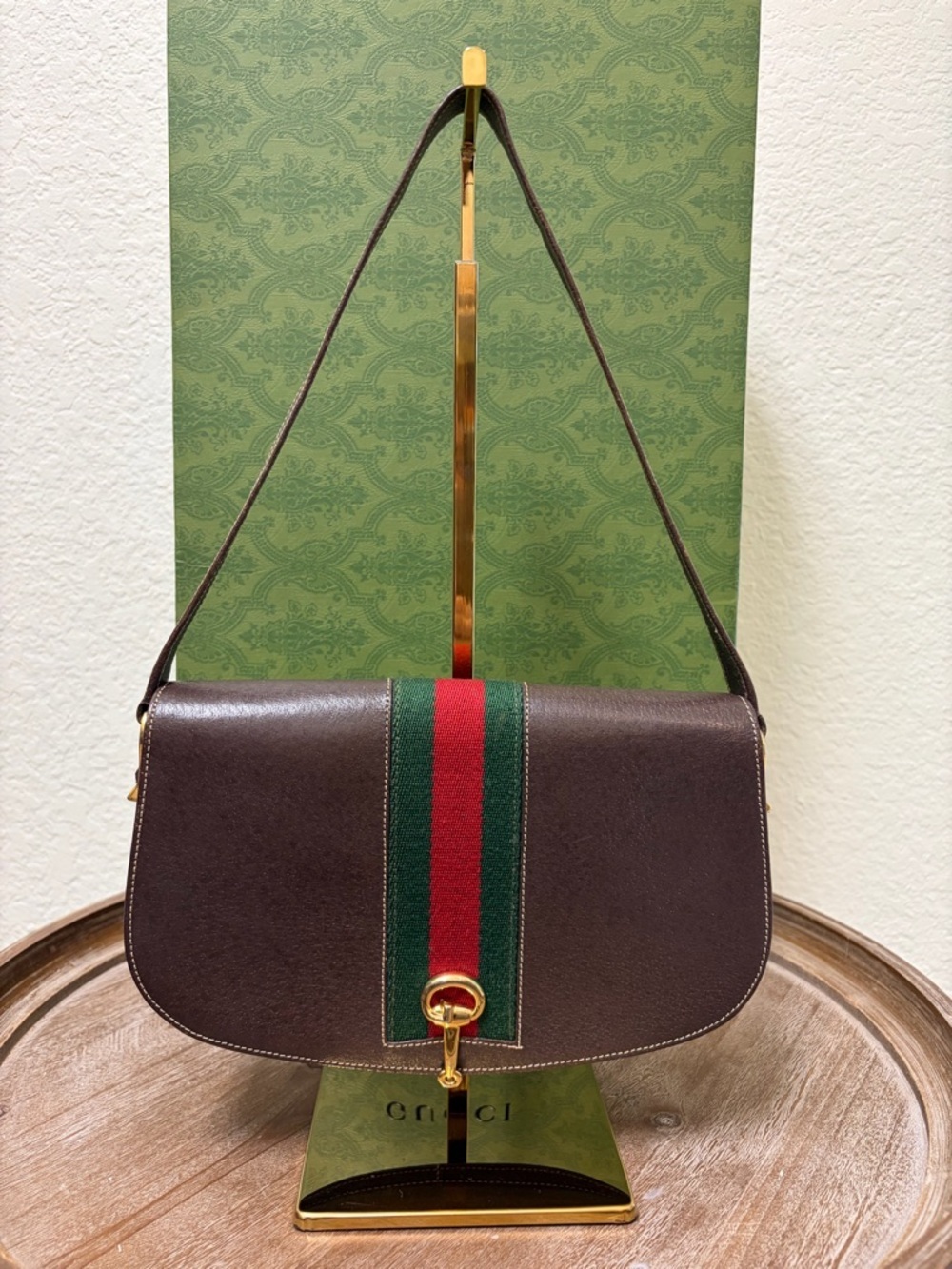 Gucci Dark Brown Leather Shoulder Bag with Red & Green Web Stripe